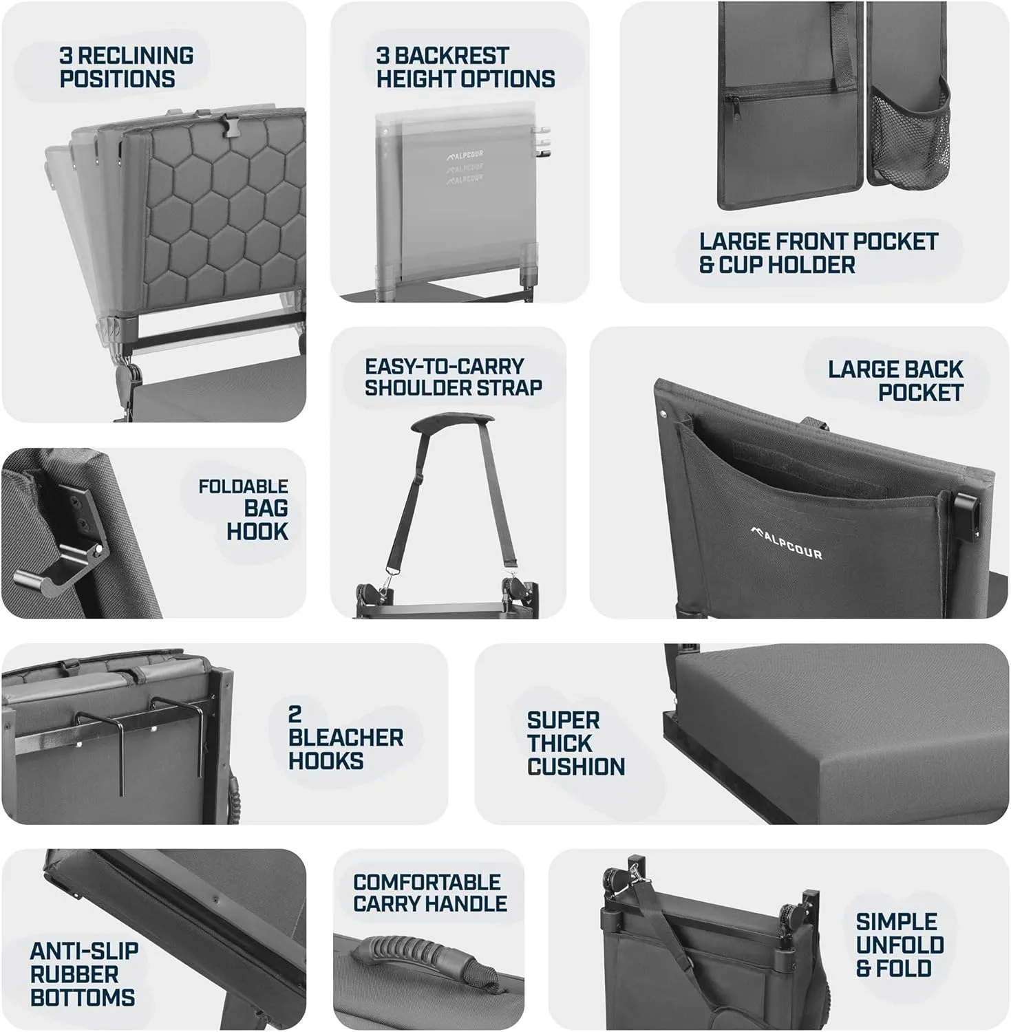 Extra Wide Folding Reclining Stadium Seat with Back Suppot for Bleachers, Bleacher Hooks, Thick Cushion, Cup Holder, Storage Pockets – Portable Chair for Kayak, Canoe, Paddle Board, Concerts, & Sports