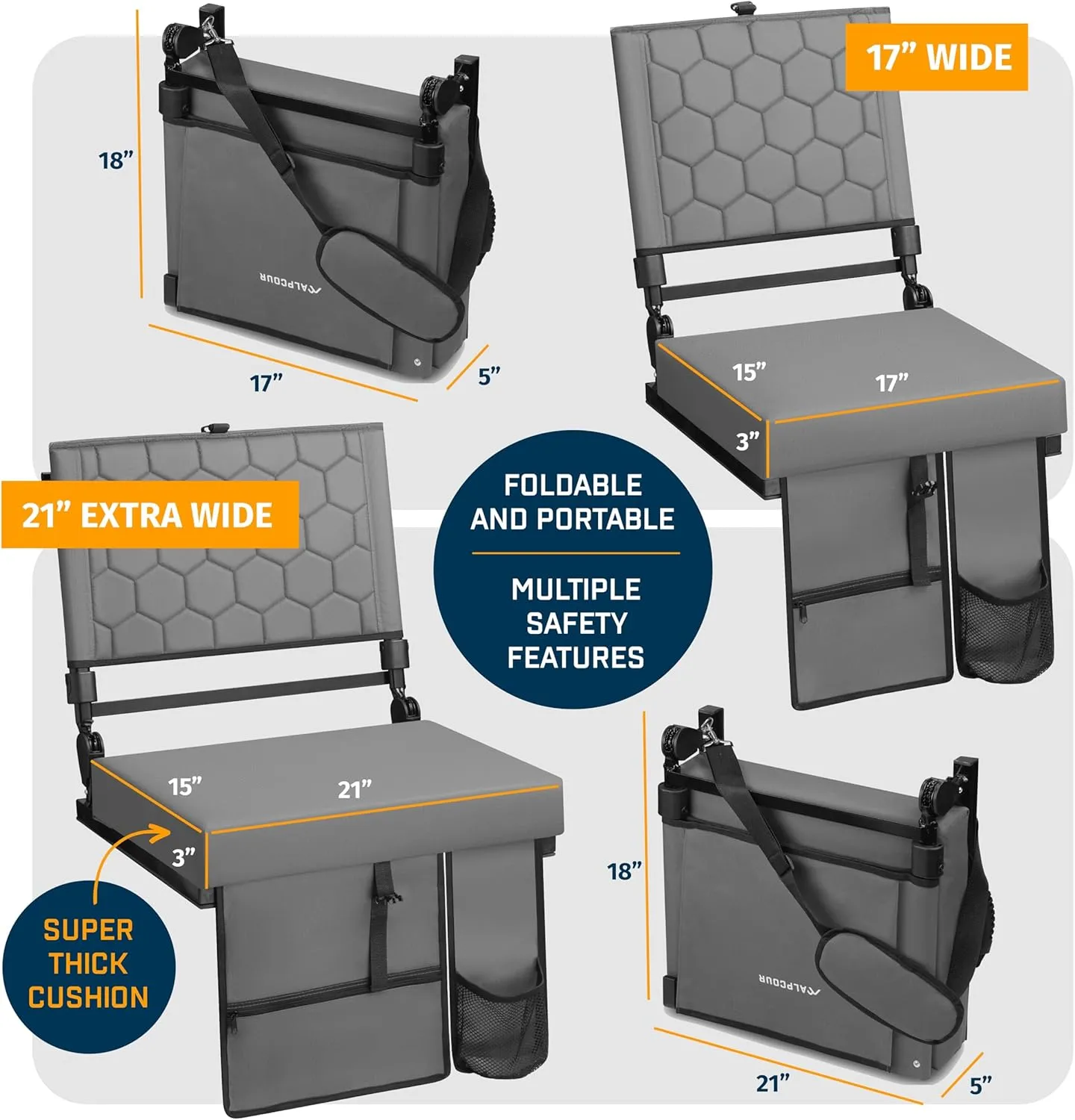 Extra Wide Folding Reclining Stadium Seat with Back Suppot for Bleachers, Bleacher Hooks, Thick Cushion, Cup Holder, Storage Pockets – Portable Chair for Kayak, Canoe, Paddle Board, Concerts, & Sports