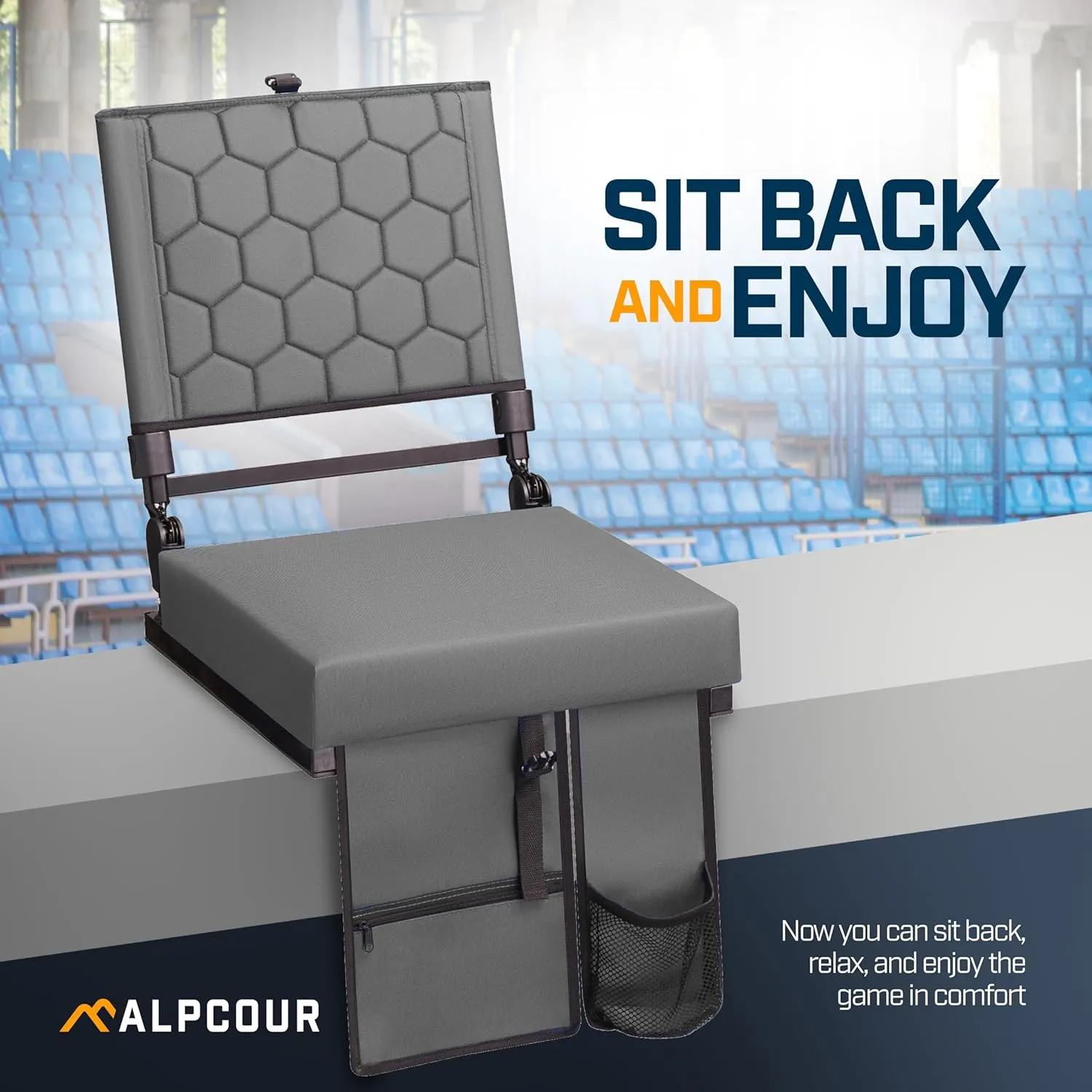 Extra Wide Folding Reclining Stadium Seat with Back Suppot for Bleachers, Bleacher Hooks, Thick Cushion, Cup Holder, Storage Pockets – Portable Chair for Kayak, Canoe, Paddle Board, Concerts, & Sports