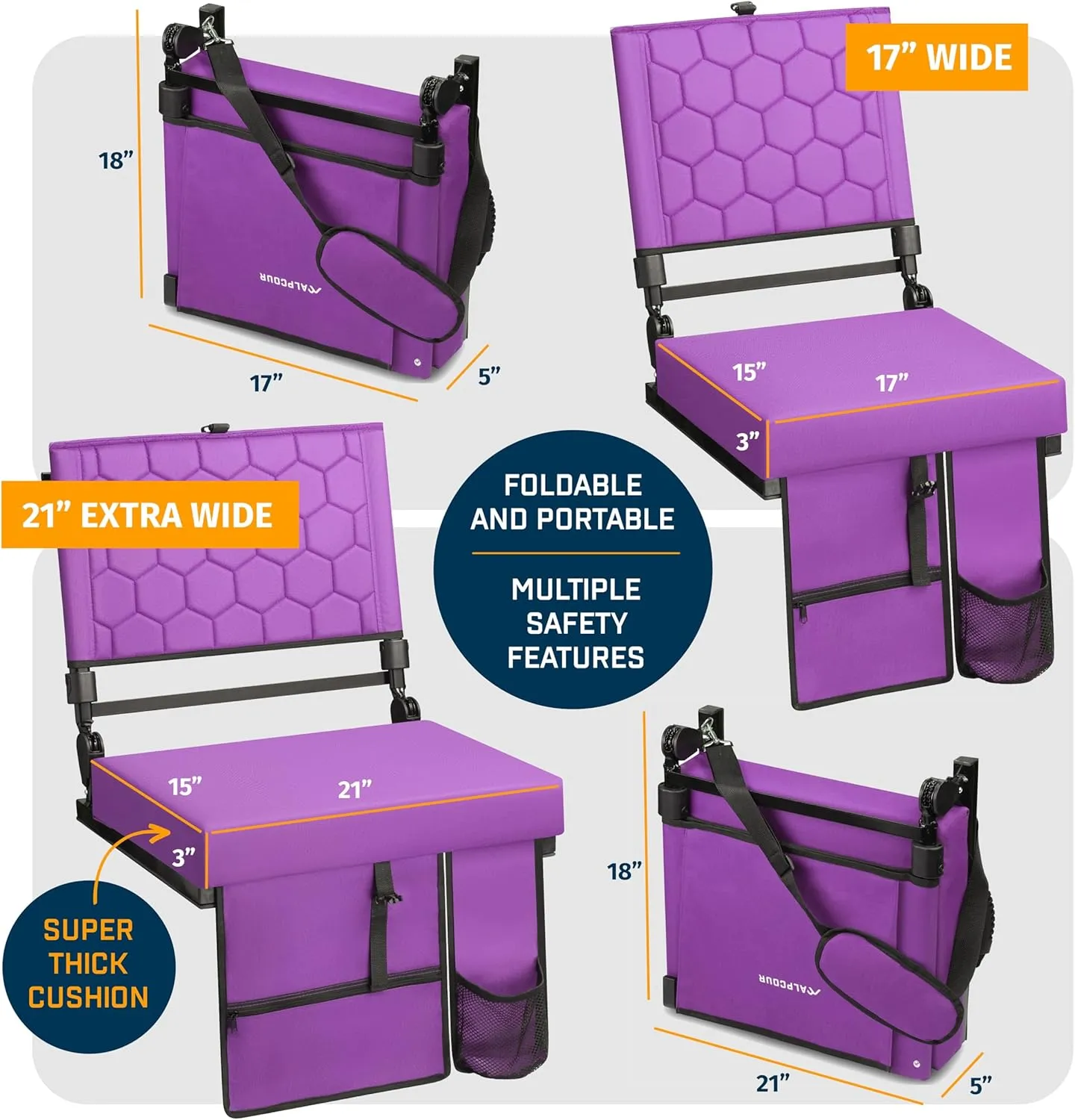 Extra Wide Folding Reclining Stadium Seat with Back Suppot for Bleachers, Bleacher Hooks, Thick Cushion, Cup Holder, Storage Pockets – Portable Chair for Kayak, Canoe, Paddle Board, Concerts, & Sports