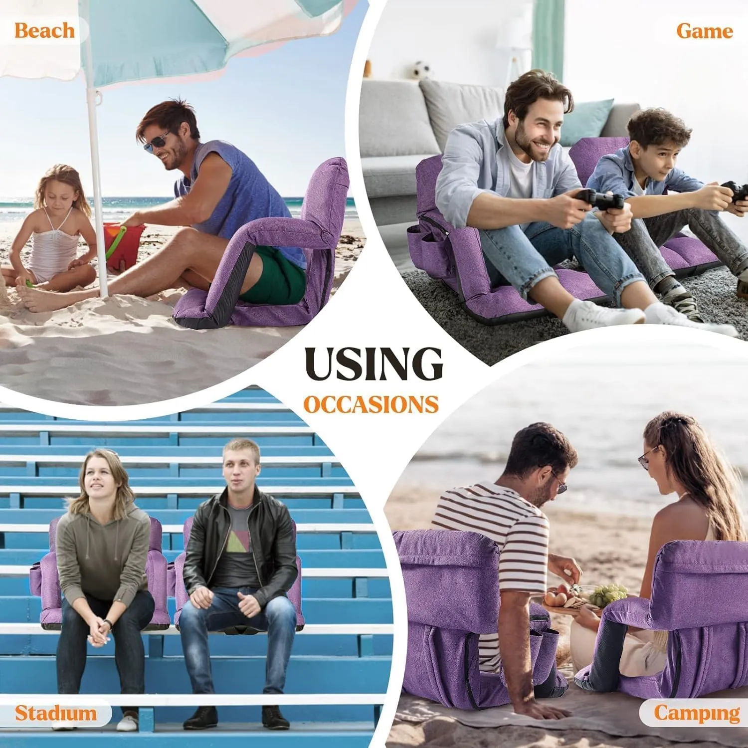 Extra Wide Stadium Seats with Back Support, 2 Pack Bleacher Chairs with Back and Cushion, 6 Reclining Positions, Stadium Chair Bleacher Seat with Armrests for Sport Events, Camping (Purple, 25")