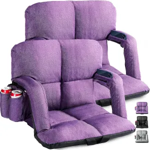 Extra Wide Stadium Seats with Back Support, 2 Pack Bleacher Chairs with Back and Cushion, 6 Reclining Positions, Stadium Chair Bleacher Seat with Armrests for Sport Events, Camping (Purple, 25")