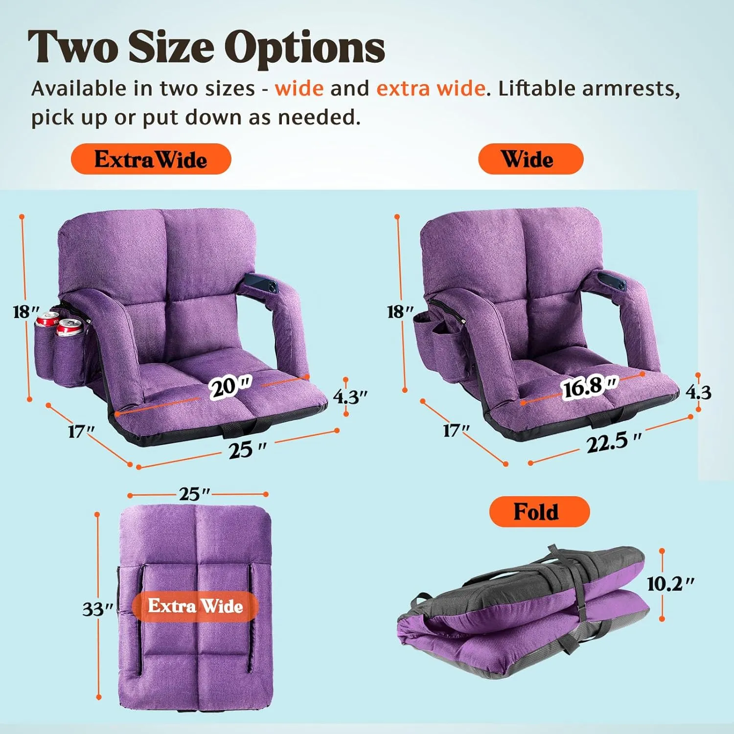 Extra Wide Stadium Seats with Back Support, 2 Pack Bleacher Chairs with Back and Cushion, 6 Reclining Positions, Stadium Chair Bleacher Seat with Armrests for Sport Events, Camping (Purple, 25")