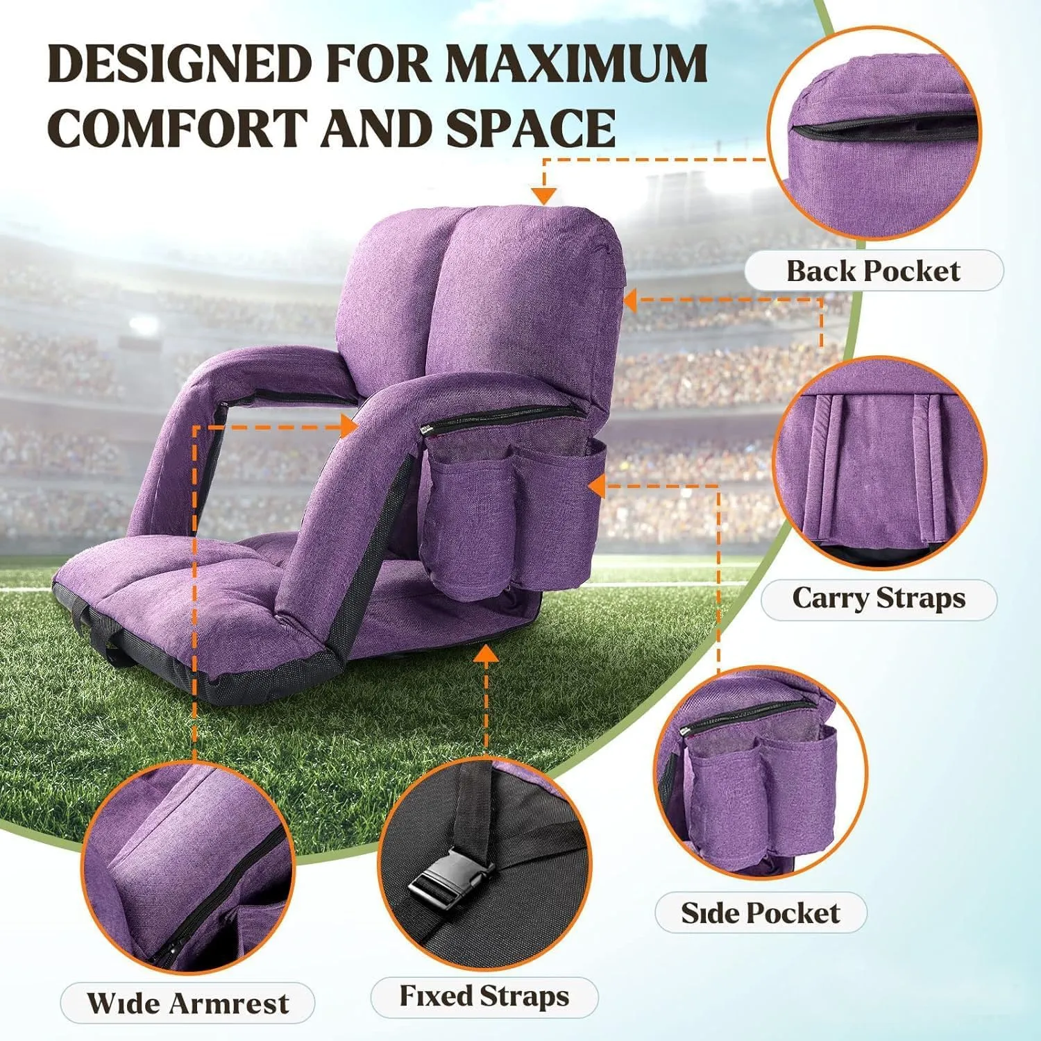 Extra Wide Stadium Seats with Back Support, 2 Pack Bleacher Chairs with Back and Cushion, 6 Reclining Positions, Stadium Chair Bleacher Seat with Armrests for Sport Events, Camping (Purple, 25")