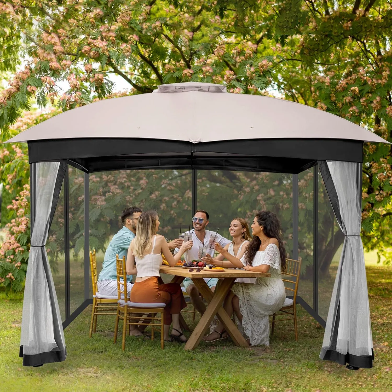 FAB BASED 10x12 Gazebo, Double Vent Canopy Gazebo for Outdoor with Privacy Netting, Easy Setup Patio Pavilion with Steel Frame Strong Legs for Lawn, Backyard, Deck (Ash Grey)