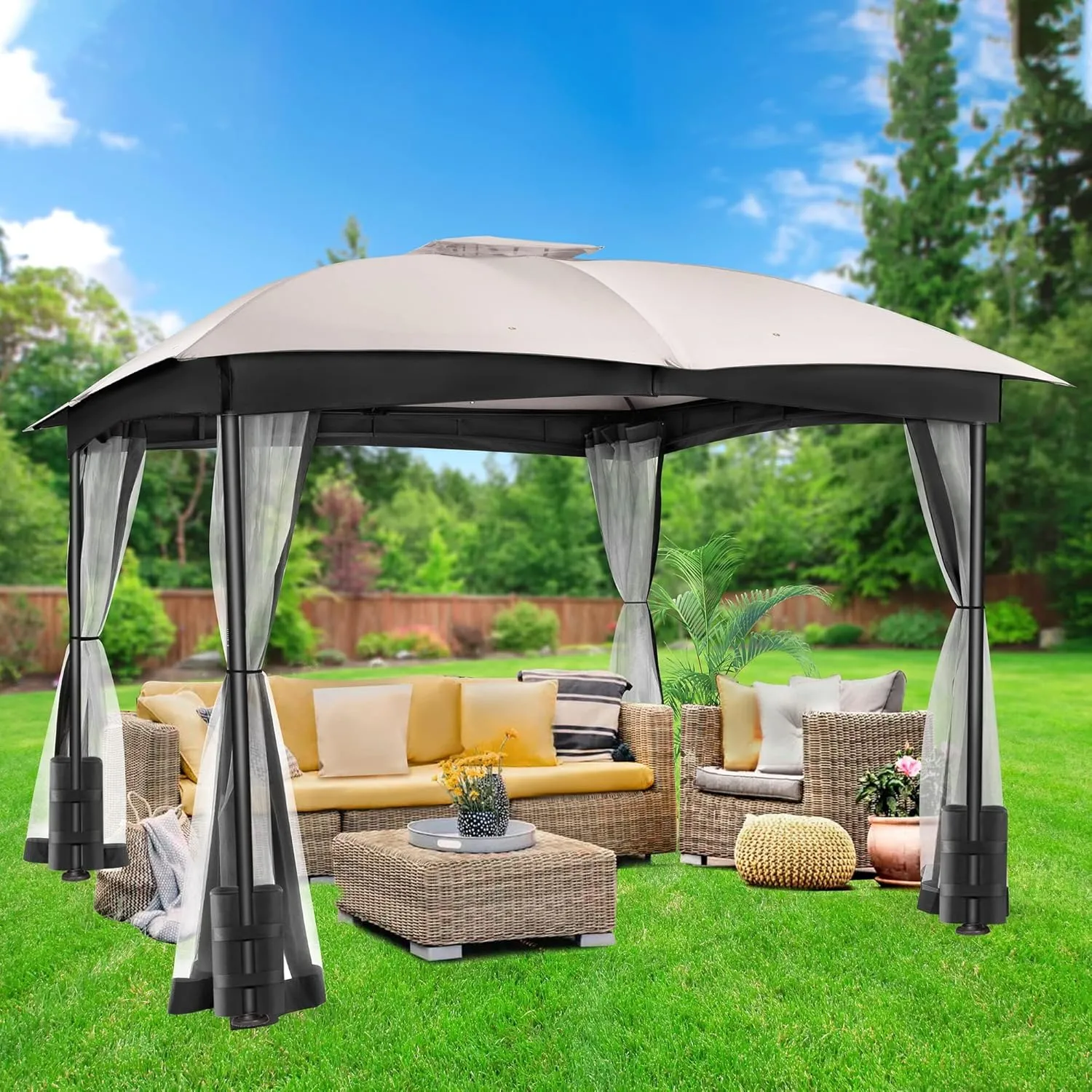 FAB BASED 10x12 Gazebo, Double Vent Canopy Gazebo for Outdoor with Privacy Netting, Easy Setup Patio Pavilion with Steel Frame Strong Legs for Lawn, Backyard, Deck (Ash Grey)