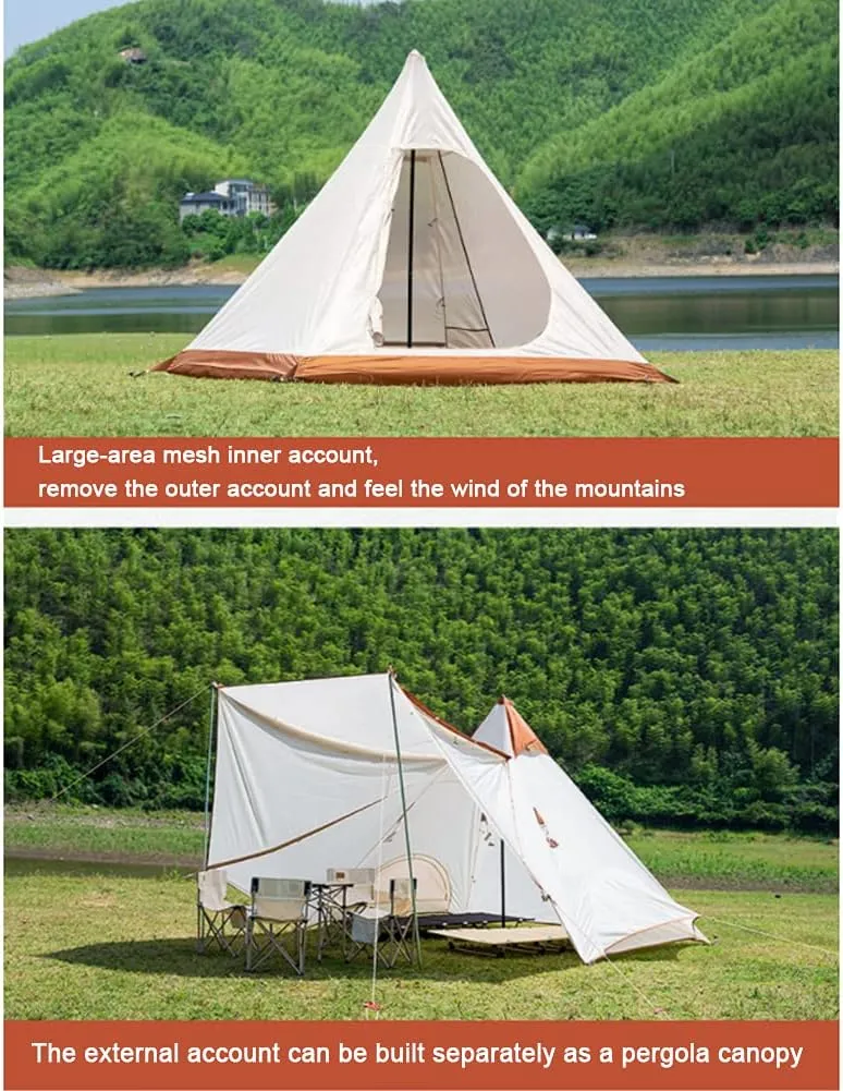 Family Camping Tent Large Double Layer Pyramid Tipi Tent Camping Mongolian Yurt Tent for Picnic, Festival