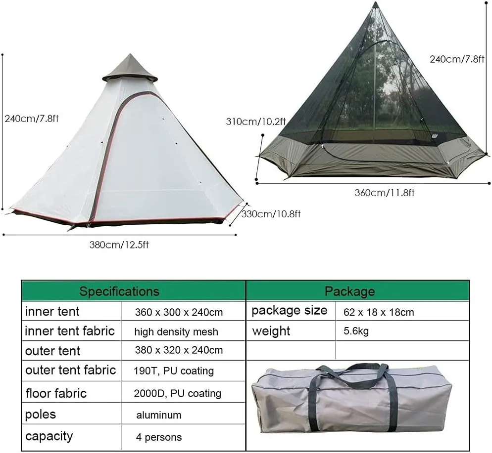 Family Camping Tent Large Waterproof Tipi 4 Person Room Teepee Tent Instant Setup Double Layer for Outdoor Trip Yurt Truck Tent, Black