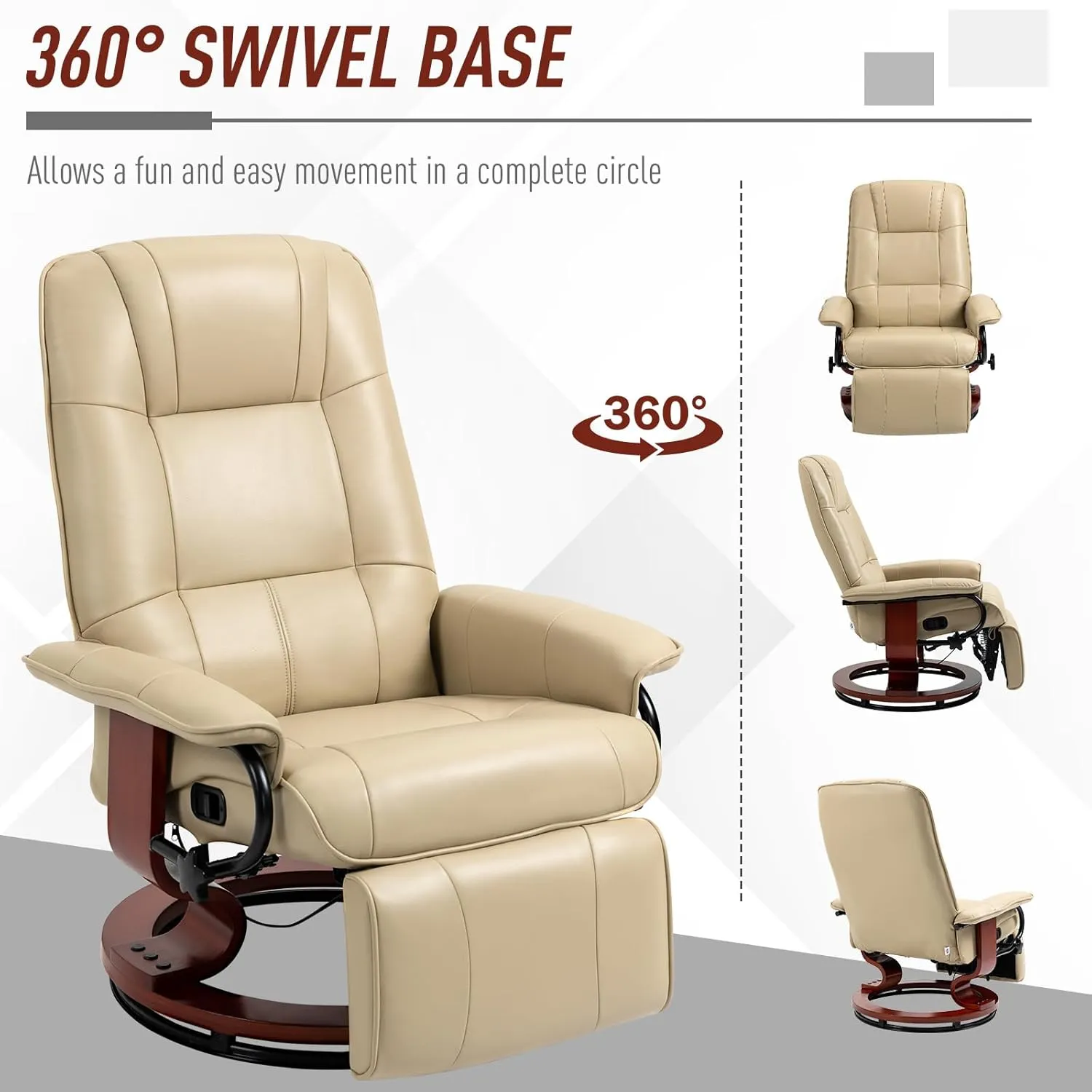 Faux Leather Manual Recliner Chair, Swivel Recliner Chairs with 360° Rotate Base, Leather Stressless Recliner with Adjustable Footrest, Modern Swivel Reclining Chair for Bedroom (Cream White)