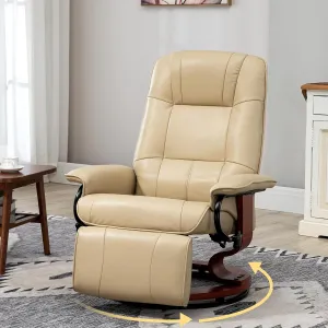 Faux Leather Manual Recliner Chair, Swivel Recliner Chairs with 360° Rotate Base, Leather Stressless Recliner with Adjustable Footrest, Modern Swivel Reclining Chair for Bedroom (Cream White)
