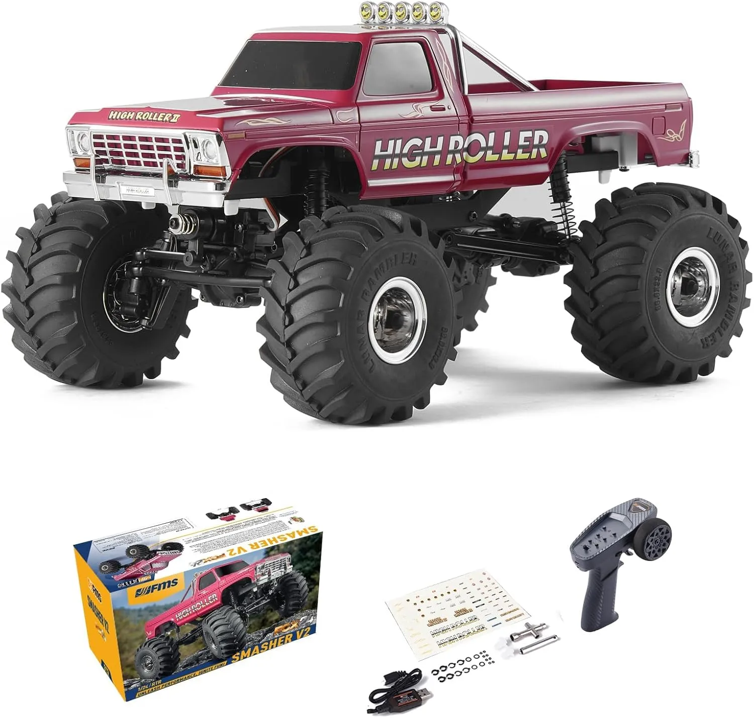 FCX24 FMS 1/24 Smasher Monster RC Crawlers - FCX24 RC Truck 8km/h 2 Speed Transmission for Adults, Remote Control Car RTR with USB Charger (Red)