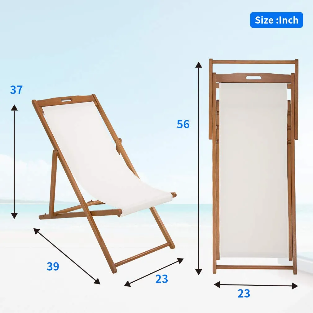 FDW Beach Sling Patio Chair for Relaxing, Foldable with Adjustable Height made from Eucalyptus Wood with White Polyester (White, Brown)
