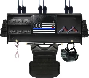 FEBTECH Police Gear Rack - Heavy duty gear rack police Wall Mount cop gear law enforcement rack- All Iron Black for law enforcement with 4 Hooks, Police Vest Hanger & Flag Police Locker