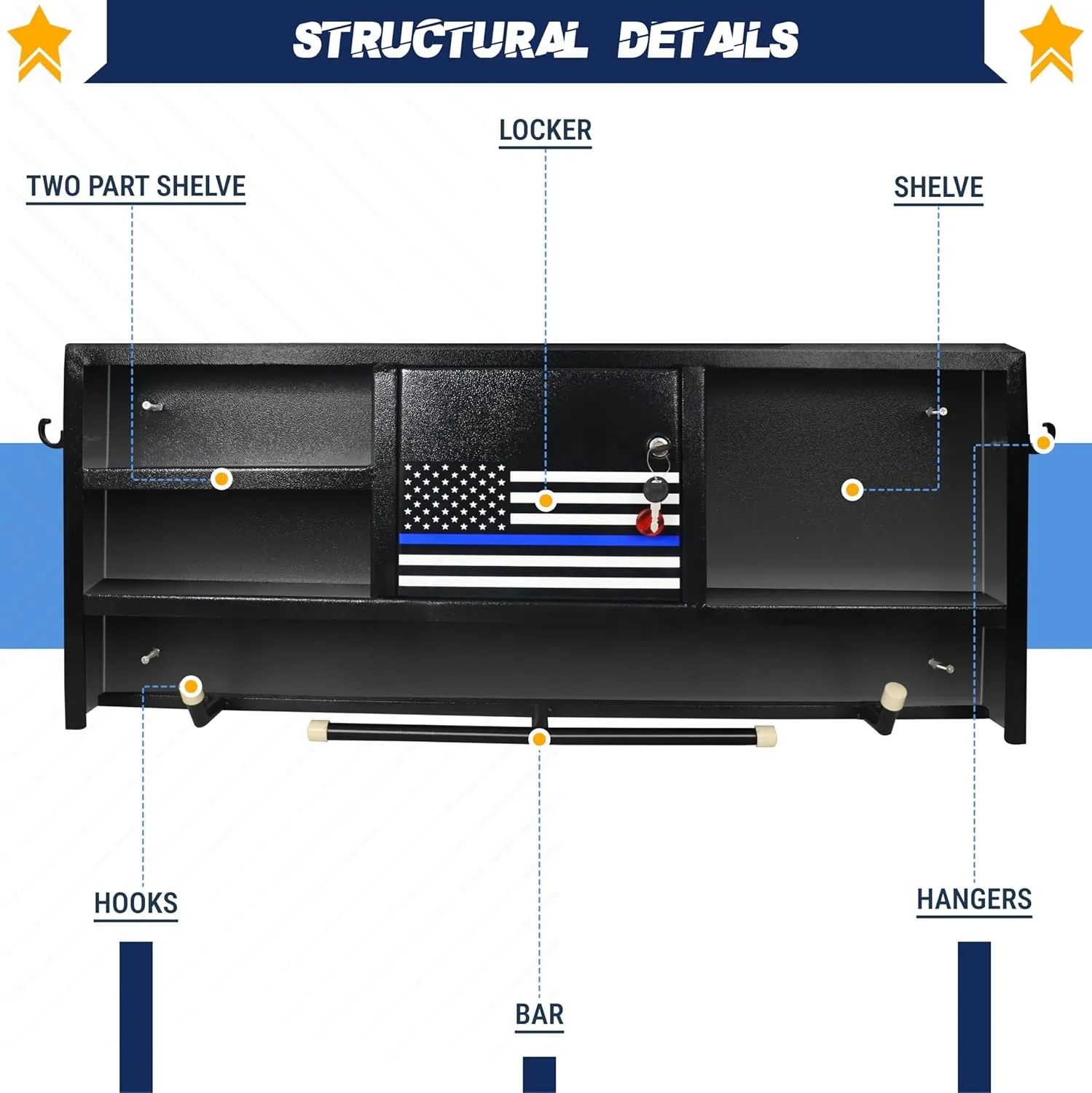 FEBTECH Police Gear Rack - Heavy duty gear rack police Wall Mount cop gear law enforcement rack- All Iron Black for law enforcement with 4 Hooks, Police Vest Hanger & Flag Police Locker