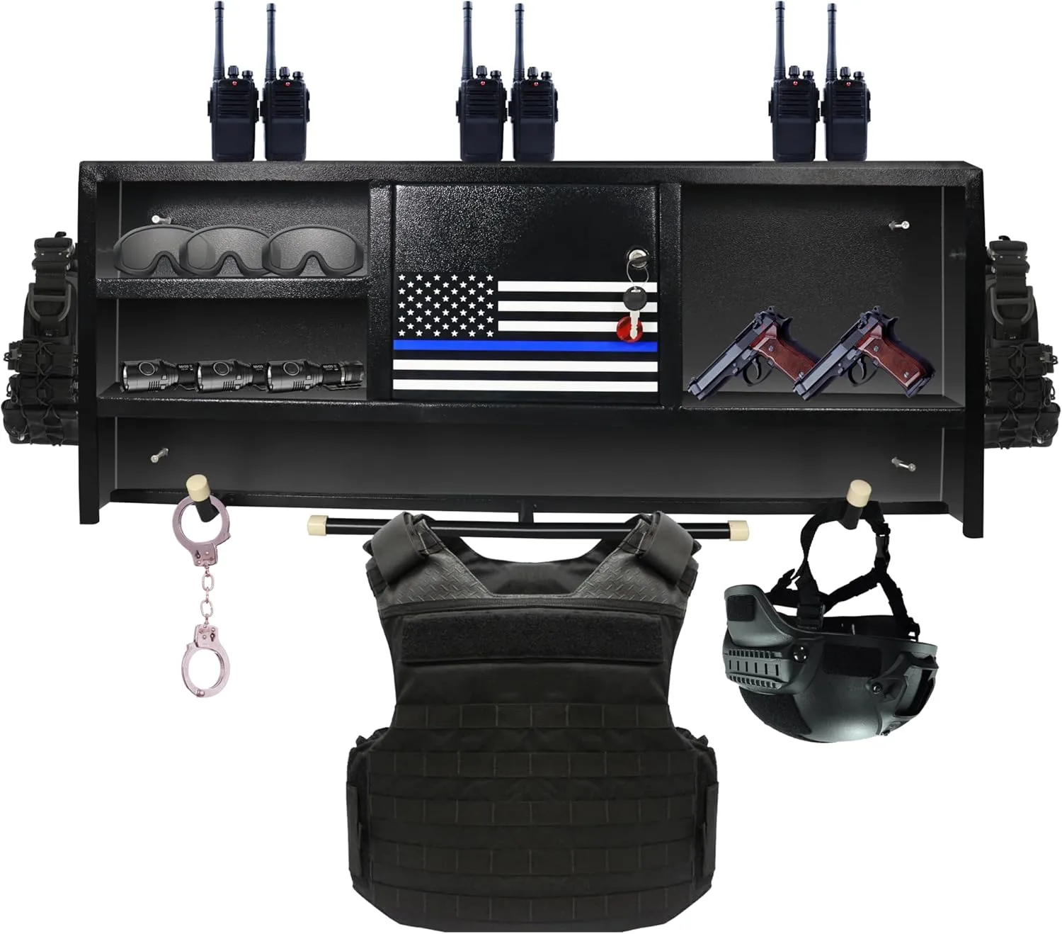 FEBTECH Police Gear Rack - Heavy duty gear rack police Wall Mount cop gear law enforcement rack- All Iron Black for law enforcement with 4 Hooks, Police Vest Hanger & Flag Police Locker