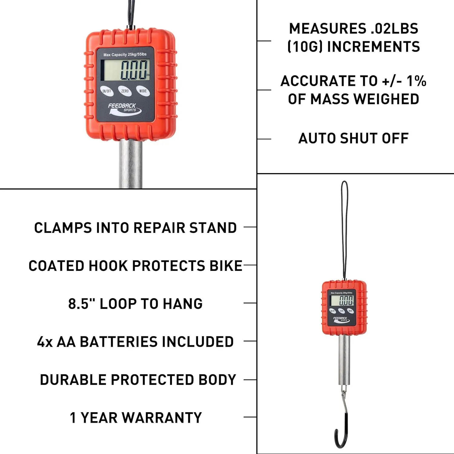 Feedback Sports | Alpine Digital Hanging Scale | for Bicycle, Backpacking, Gear, Luggage | Pounds, Ounces, Grams, Kilograms | 55lbs Capacity
