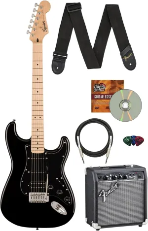 Fender Squier Sonic Stratocaster HSS - Black Bundle with Frontman 10G Amp, Strap, Cable, Picks, and Austin Bazaar Guitar DVD