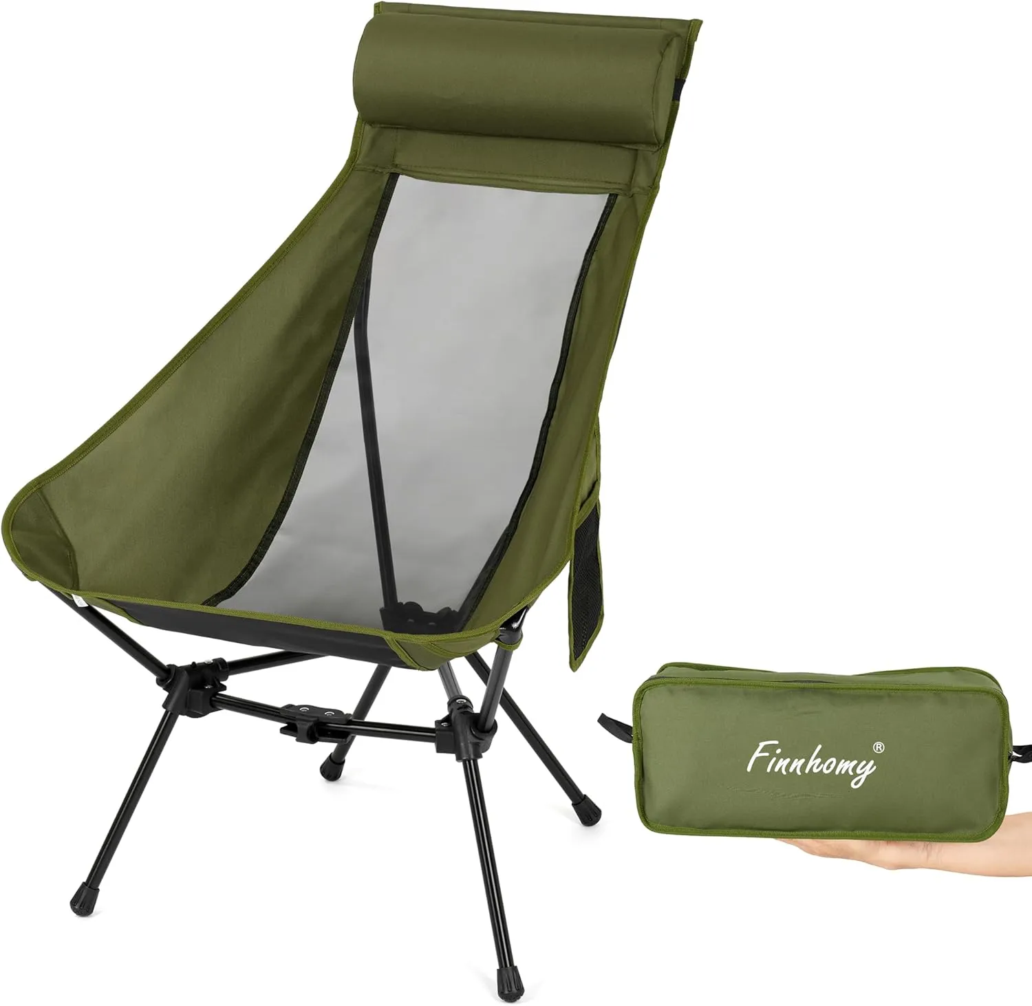 Finnhomy High Back Camping Chair with Head Support, Portable Camping Chairs for Adults, Compact Lawn Chairs, Foldable Camp Chair with Carry Bag, for Hiking, Fishing, Beach, and Backpacking (Green)