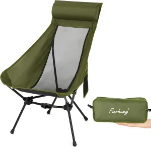 Finnhomy High Back Camping Chair with Head Support, Portable Camping Chairs for Adults, Compact Lawn Chairs, Foldable Camp Chair with Carry Bag, for Hiking, Fishing, Beach, and Backpacking (Green)