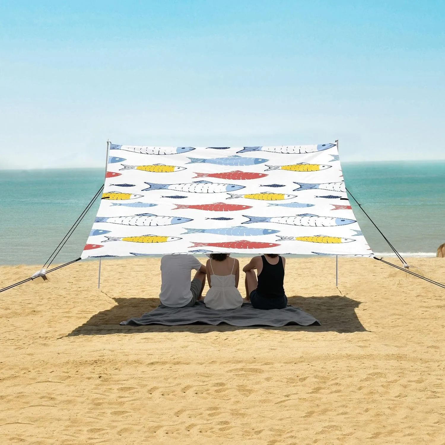 Fish Seamless Pattern Beach Canopy Tent Anti-UV & Wind Resistant, Colorful Camping Sun Shelter Easy Setup Portable,Outdoor Shade Tents with Sandbags,Sand Shovels,Ground Pegs & Stability Poles