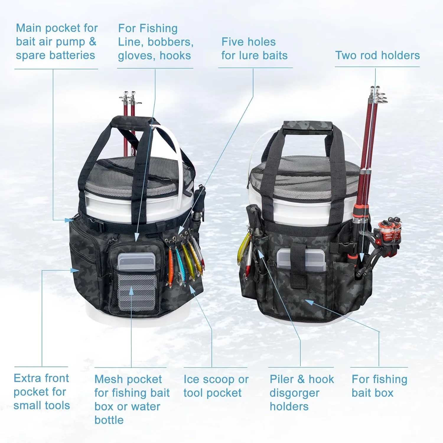 Fishing Bucket Organizer with Bucket Cover, Ice Fishing Tackle Bag with Rod & Plier Holder, Multi-Pockets for 5 Gallon Bucket Fishing Gear & Accessories