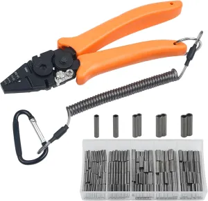 Fishing Crimping Tool Kit, Fishing Crimping Pliers with 160pcs Crimp Sleeves Kit Wire Rope Leader Crimper Tool 6.8 inch Crimpers Pliers Wire Cutter Copper Loop Sleeves
