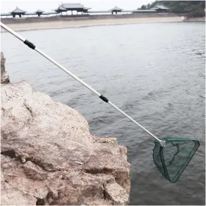 Fishing Net Triangular Folding Fishing Landing Net Aluminum 3 Section Extending Pole Handle Green Fishing Net Shovels Rope Net Collapsible Fshing