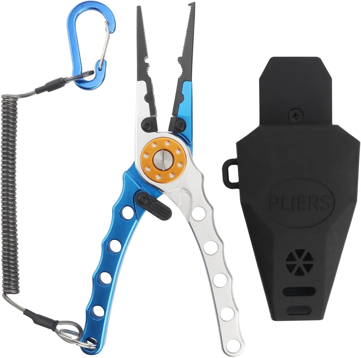 Fishing Pliers Saltwater Resistant Fishing Gear Aluminum Fishing Pliers Line Cutter Hook Remover Fishing Split Ring Pliers with Coiled Lanyard and Sheath Fishing Tools for Men