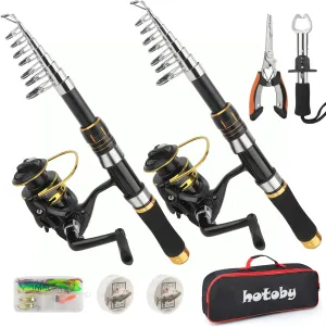 Fishing Pole Combo Set, 2PACK 6.89ft Fishing Rod and Reel Combo, Carbon Fiber Telescopic Fishing Rod Kit with Spinning Reel, Fishing Pliers, Lip Gripper, Line, Lures, Carrier Bag for Beginner Angler