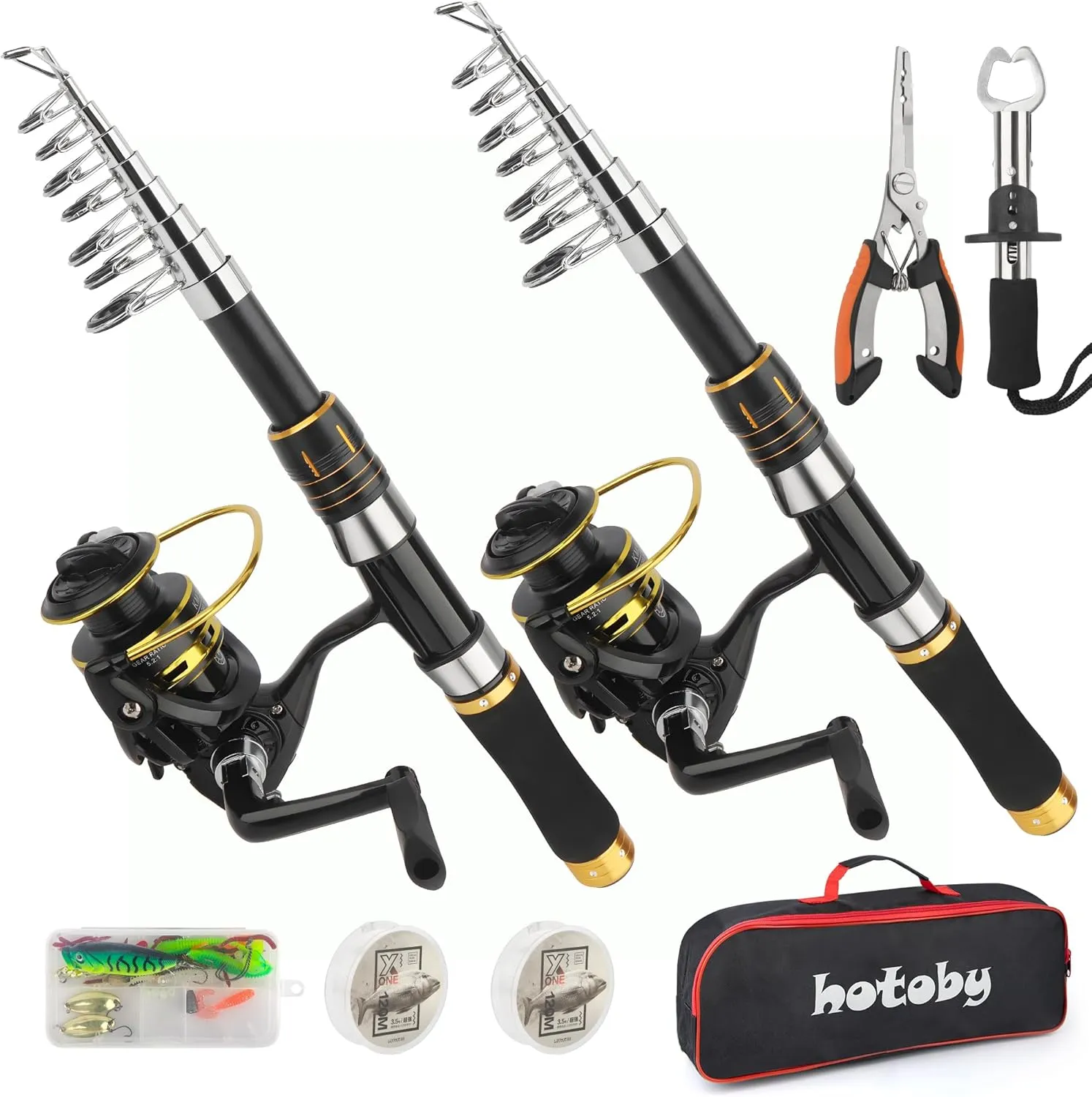 Fishing Pole Combo Set, 2PACK 6.89ft Fishing Rod and Reel Combo, Carbon Fiber Telescopic Fishing Rod Kit with Spinning Reel, Fishing Pliers, Lip Gripper, Line, Lures, Carrier Bag for Beginner Angler