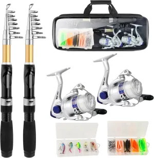 Fishing Pole Set Fishing Rod and Reel Combo,2PCS 1.9M/2.1M Collapsible Fishing Rod Set with 2 PCS Spinning Reels 2 Set of Lures Baits and a Carrier Bag,Prefect for Fishing Travel