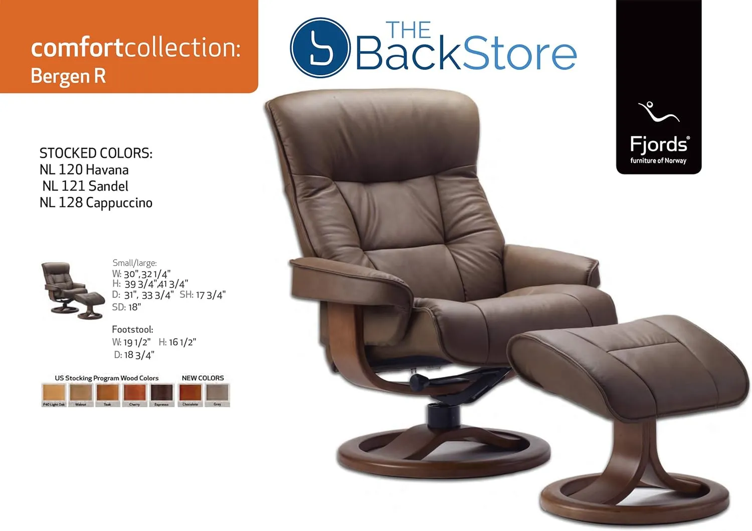 Fjords 775 Bergen Large Recliner and Ottoman Norwegian Ergonomic Scandinavian Lounge Reclining Chair Furniture Nordic Line Genuine Cappuccino Leather Teak Wood