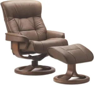 Fjords 775 Bergen Large Recliner and Ottoman Norwegian Ergonomic Scandinavian Lounge Reclining Chair Furniture Nordic Line Genuine Cappuccino Leather Teak Wood