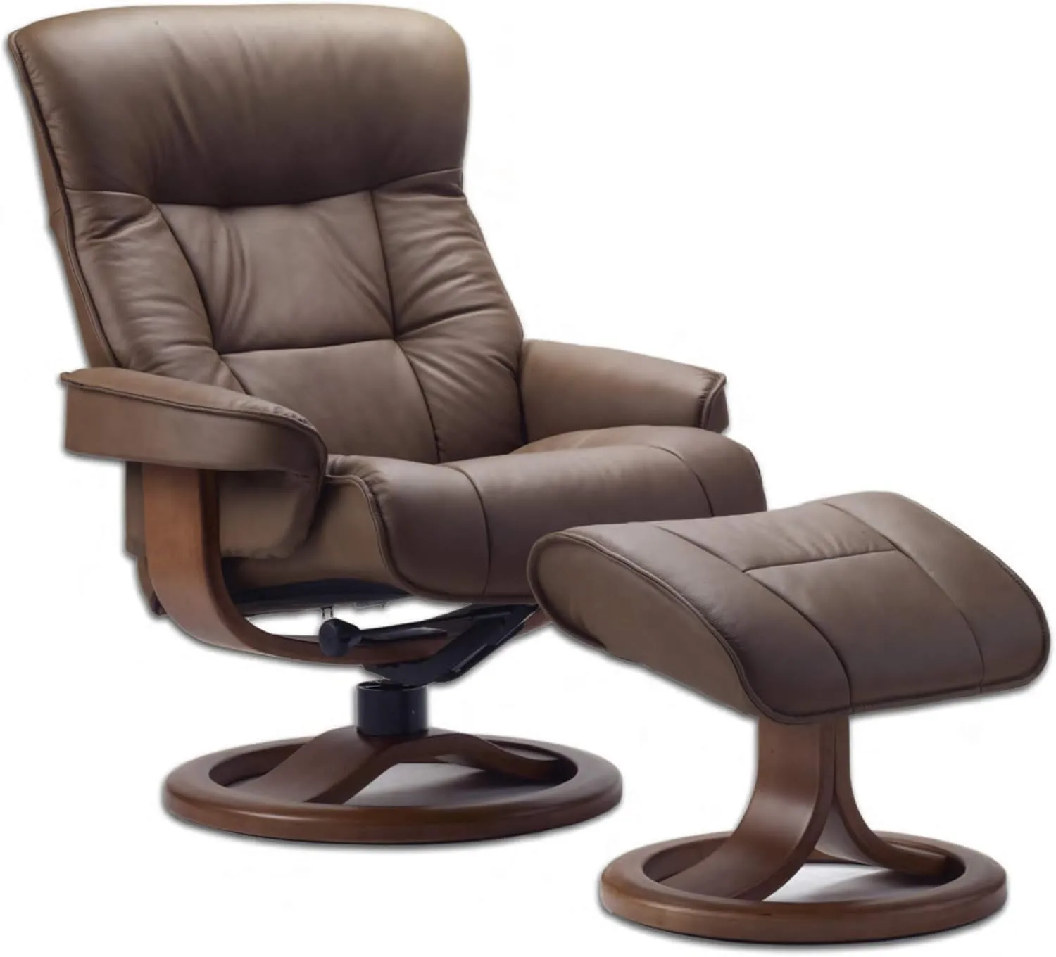 Fjords 775 Bergen Large Recliner and Ottoman Norwegian Ergonomic Scandinavian Lounge Reclining Chair Furniture Nordic Line Genuine Cappuccino Leather Teak Wood
