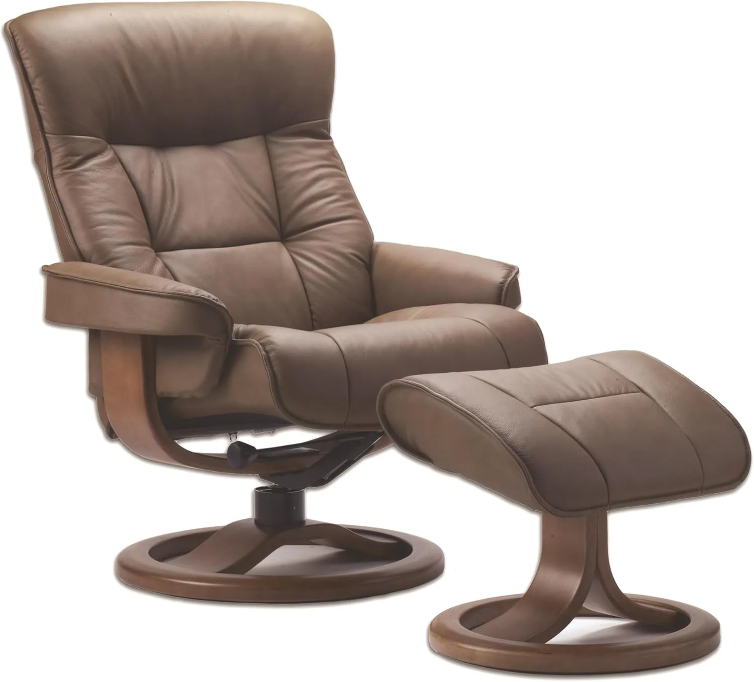 Fjords 775 Bergen Large Recliner and Ottoman Norwegian Ergonomic Scandinavian Lounge Reclining Chair Furniture Nordic Line Genuine Cappuccino Leather Teak Wood