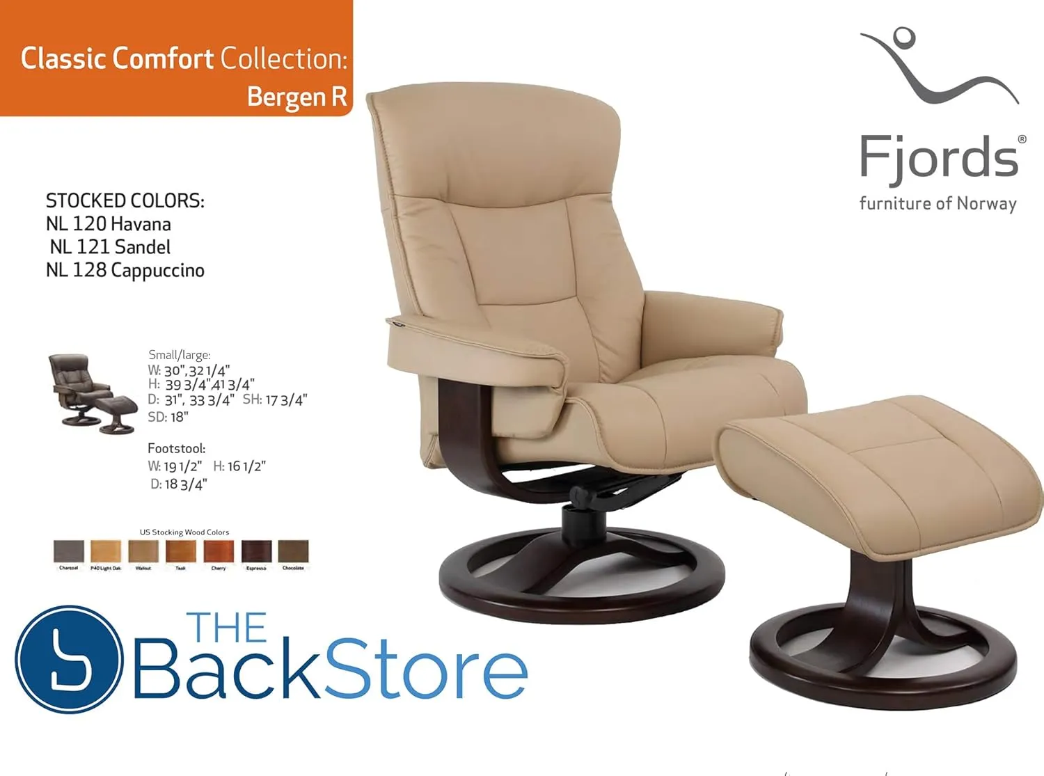 Fjords 775 Bergen Large Recliner and Ottoman Norwegian Ergonomic Scandinavian Lounge Reclining Chair Furniture Nordic Line Genuine Cappuccino Leather Teak Wood