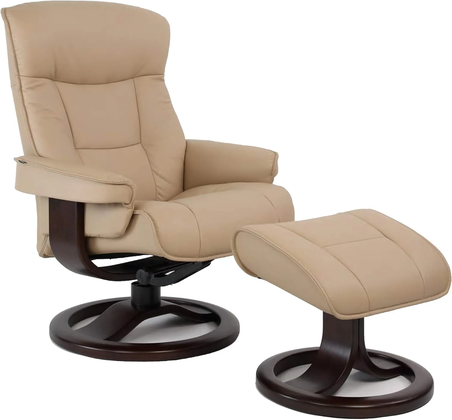 Fjords 775 Bergen Large Recliner and Ottoman Norwegian Ergonomic Scandinavian Lounge Reclining Chair Furniture Nordic Line Genuine Havana Dark Brown Leather Cherry Wood