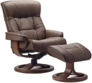 Fjords 775 Bergen Large Recliner and Ottoman Norwegian Ergonomic Scandinavian Lounge Reclining Chair Furniture Nordic Line Genuine Havana Dark Brown Leather Cherry Wood