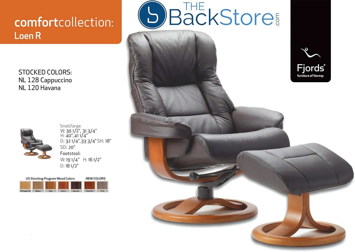 Fjords 855 Loen Small Leather Recliner Norwegian Ergonomic Scandinavian Lounge Reclining Chair Furniture Nordic Line Genuine Havana Dark Brown Leather Teak Wood
