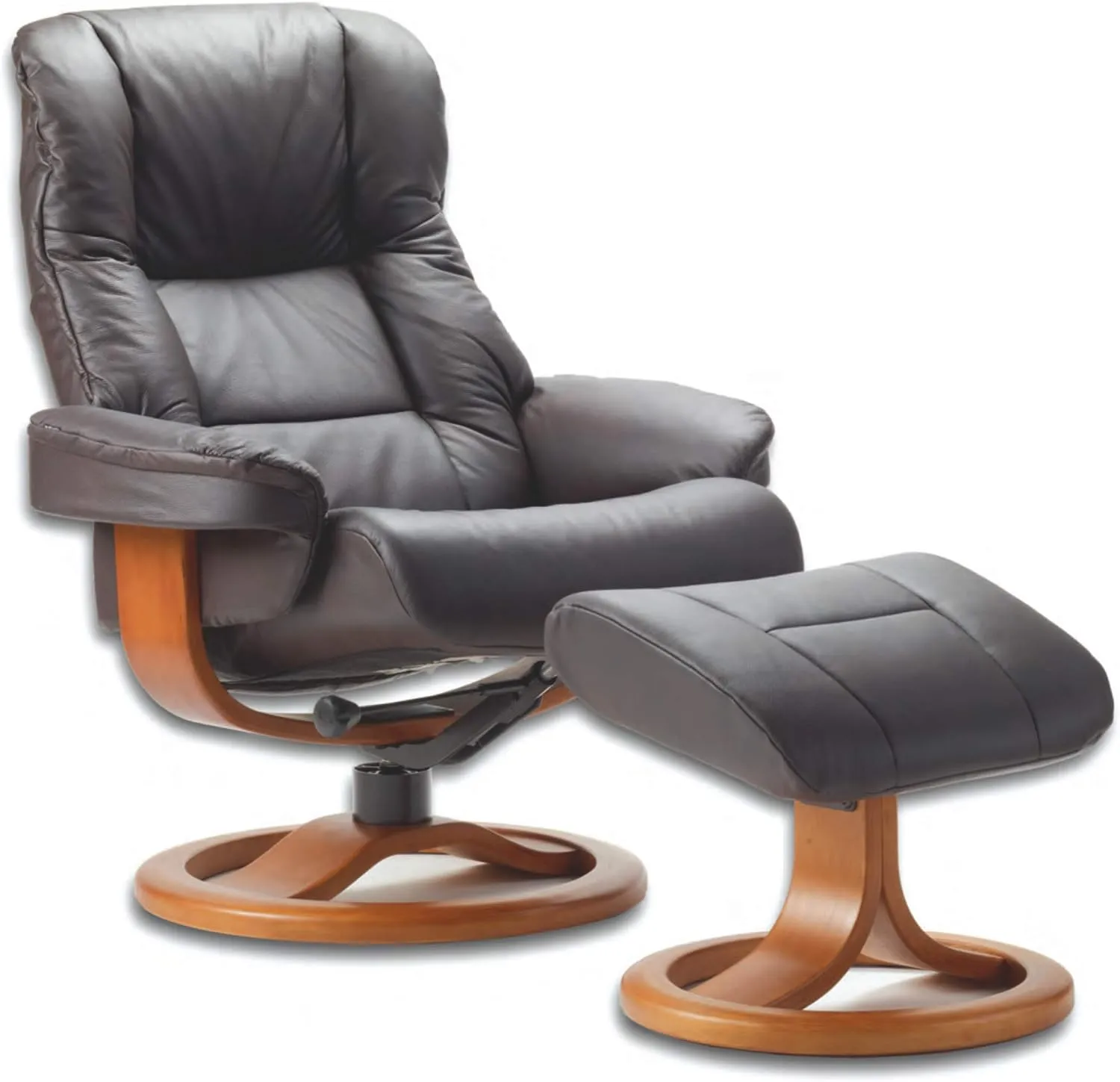 Fjords 855 Loen Small Leather Recliner Norwegian Ergonomic Scandinavian Lounge Reclining Chair Furniture Nordic Line Genuine Havana Dark Brown Leather Teak Wood