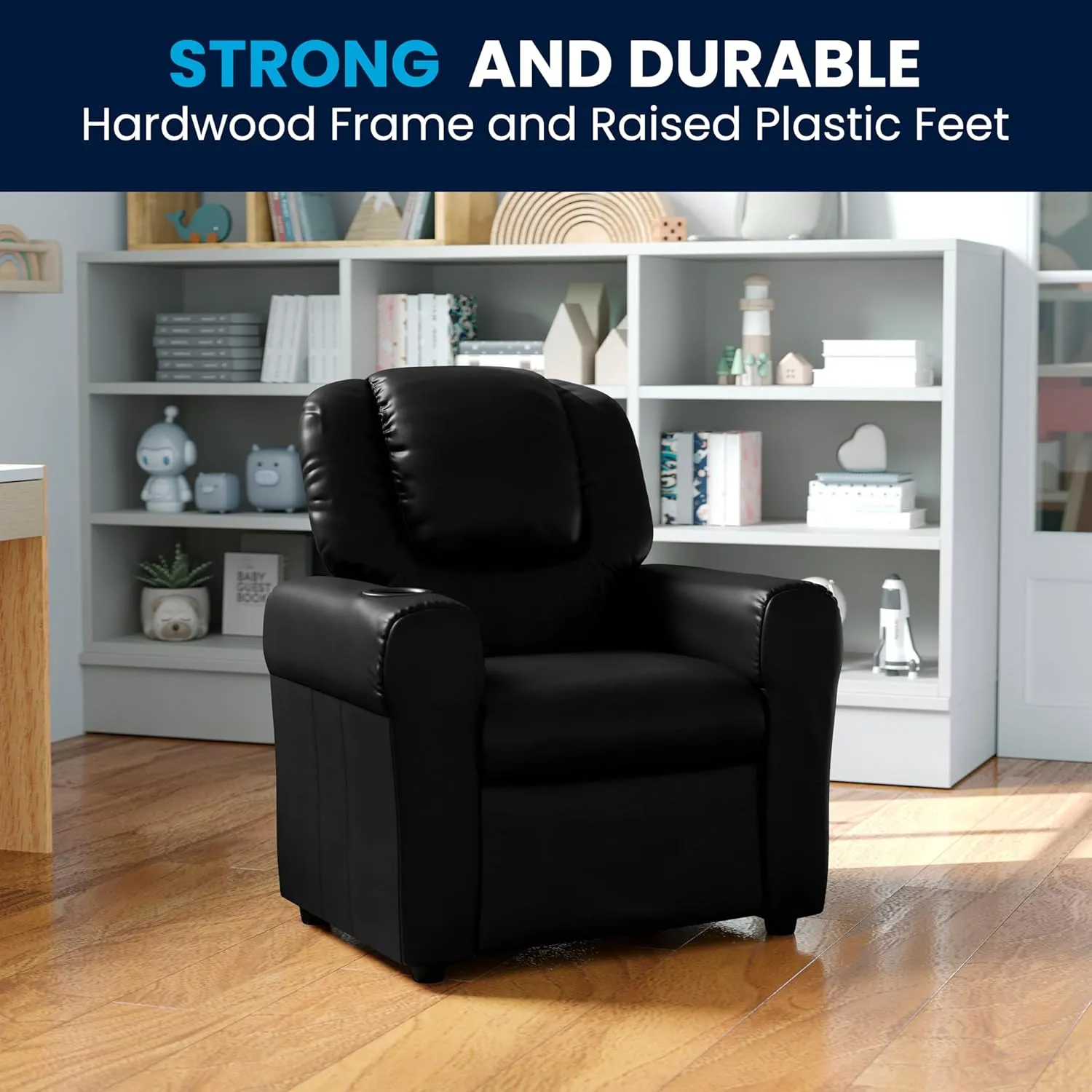Flash Furniture Vana LeatherSoft Kids Recliner with Cup Holder, Headrest, and Safety Recline, Contemporary Reclining Chair for Kids, Supports up to 90 lbs., Black