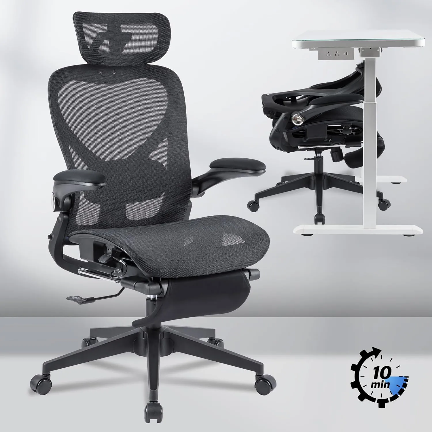 FLEXISPOT Foldex Ergonomic Office Chair, Folding Chair for Small Spaces with Lumbar Support, Flip-up Armrests, 3D Headrest, Desk Chairs with Footrest for Work,Video Game (Mesh Seat, Black)