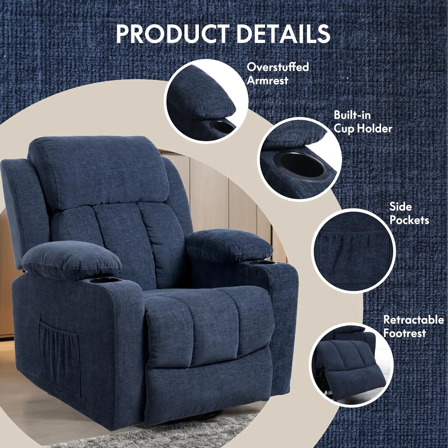 FLEXISPOT XL31 Power Lift Recliner Chair for Elderly, Electric Lift Chair with Massage & Heat, Fabric Reclining Sofa with Cup Holders, Side Pockets for Living Room Bedroom, Royal Blue