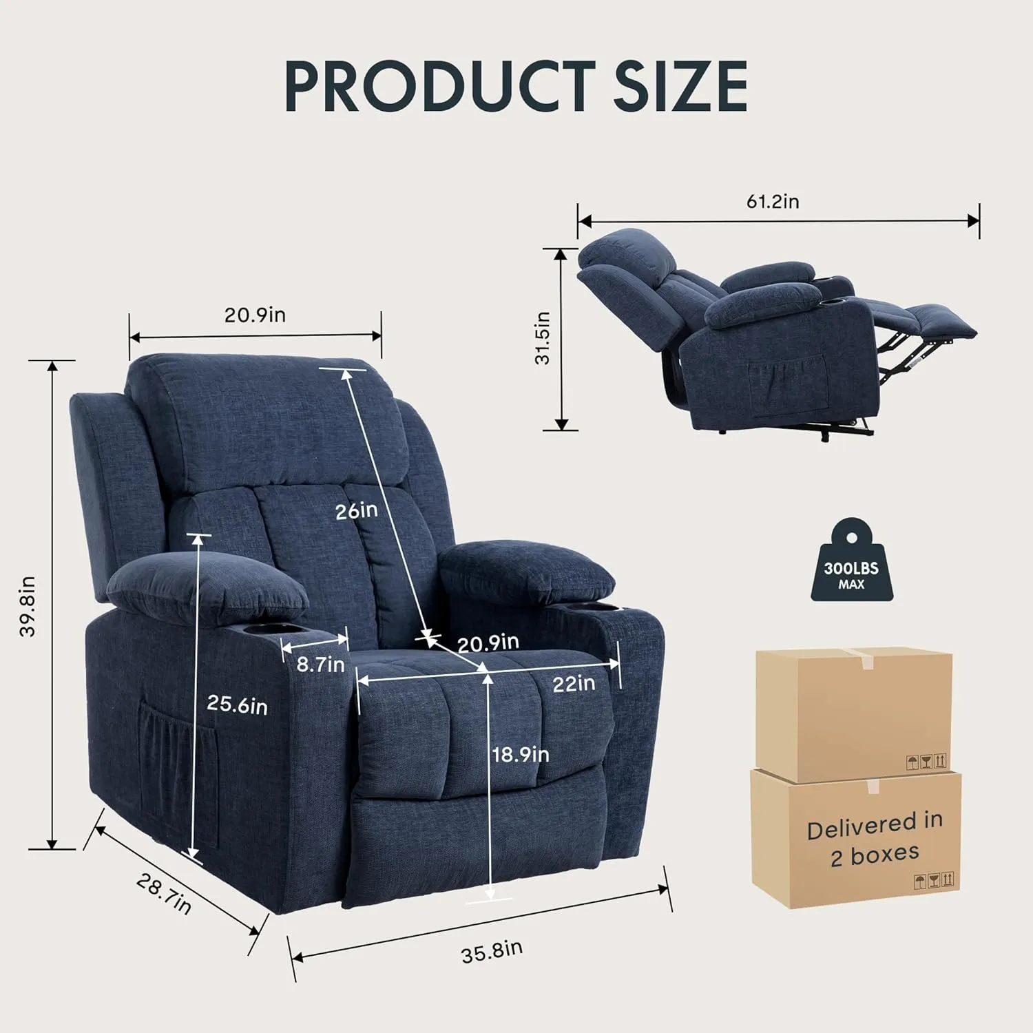 FLEXISPOT XL31 Power Lift Recliner Chair for Elderly, Electric Lift Chair with Massage & Heat, Fabric Reclining Sofa with Cup Holders, Side Pockets for Living Room Bedroom, Royal Blue