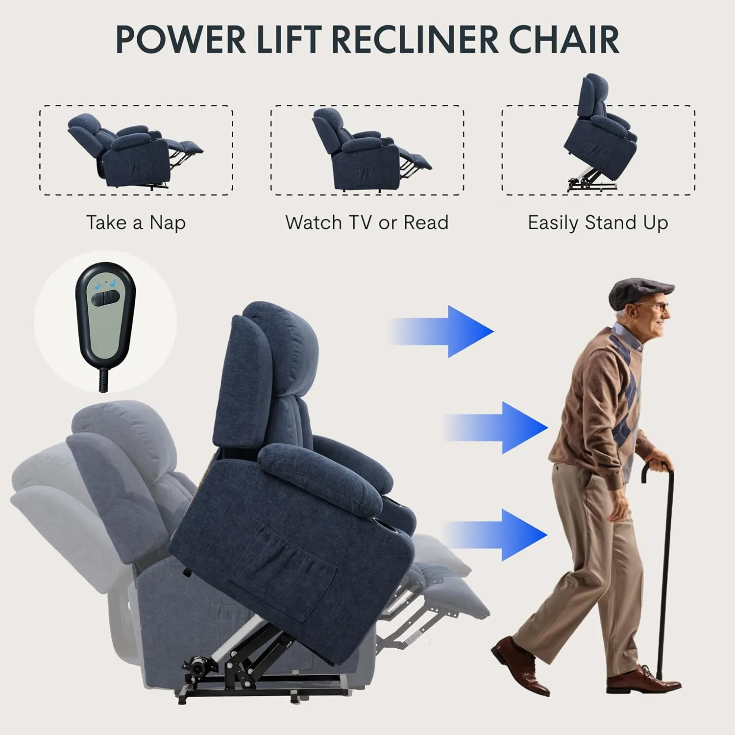 FLEXISPOT XL31 Power Lift Recliner Chair for Elderly, Electric Lift Chair with Massage & Heat, Fabric Reclining Sofa with Cup Holders, Side Pockets for Living Room Bedroom, Royal Blue