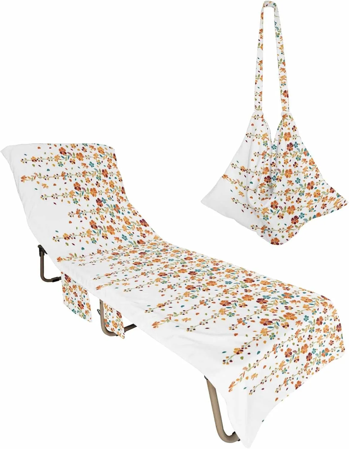 Florals Beach Pool Patio Lounge Chaise Chair Cover Towel With Pockets, Absorbent & Quick Dry Microfiber Towel Cover Bag Summer Travel Accessories for Sunbathing Orange Teal Green Summer Fall Flowers