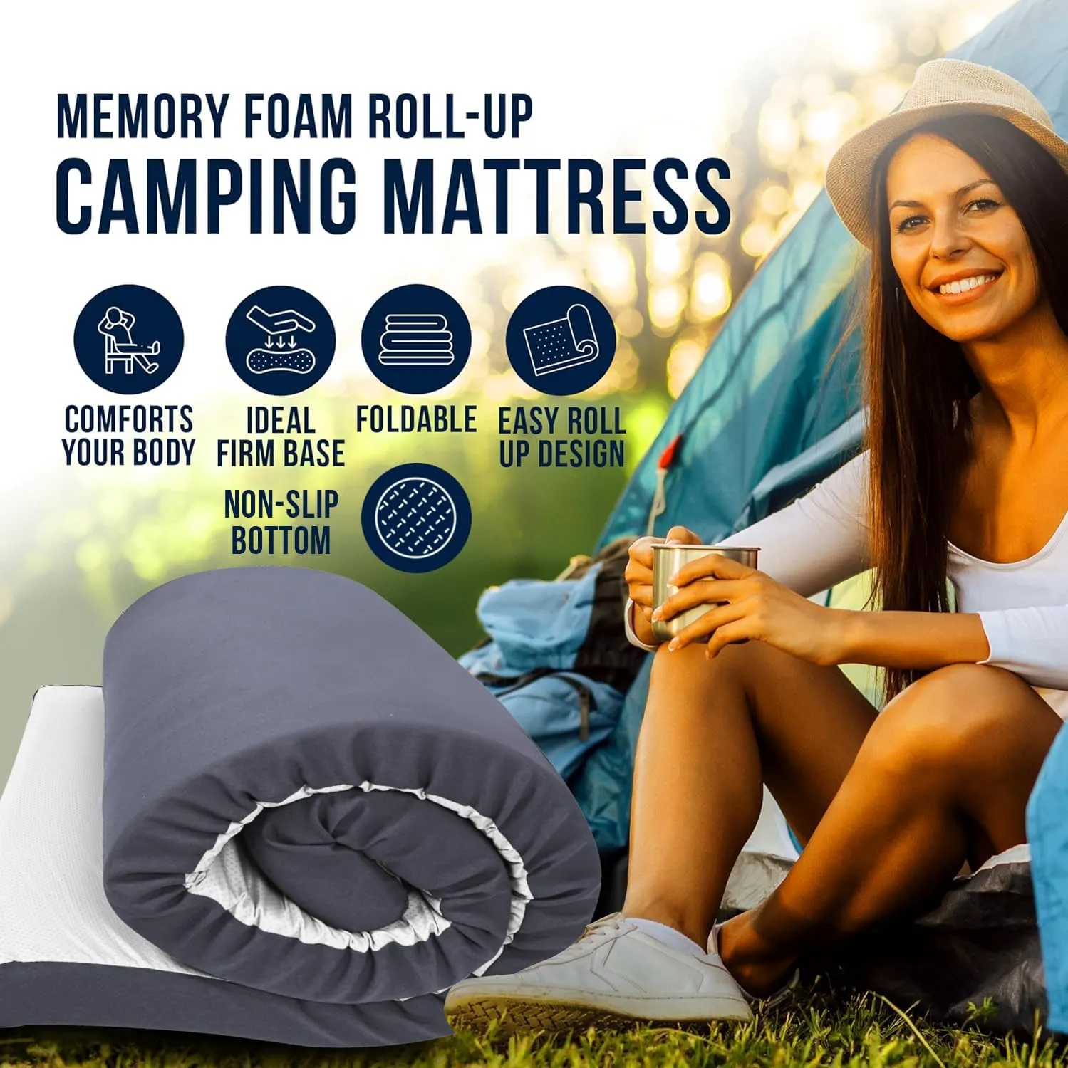 Foamma 3" x 26" x 72" High Density Roll-Up Camping Mattress with Water Resistant Zipper Cover, Foldable and Portable for Camping, RV Bunk, Tent, Guest Bed, Outdoor and Dorm, CertiPUR-US Certified Foam