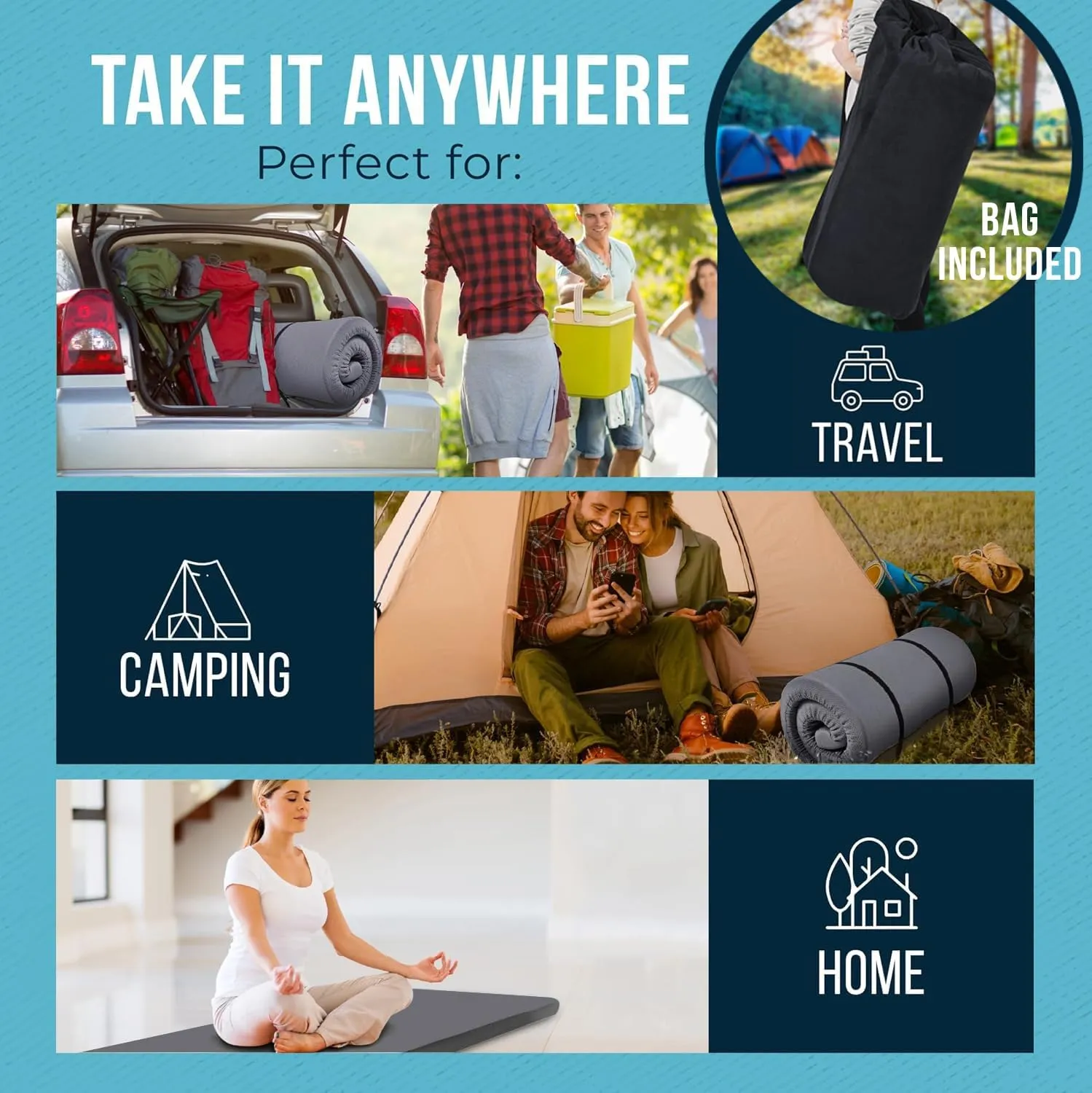 Foamma 3" x 26" x 72" High Density Roll-Up Camping Mattress with Water Resistant Zipper Cover, Foldable and Portable for Camping, RV Bunk, Tent, Guest Bed, Outdoor and Dorm, CertiPUR-US Certified Foam