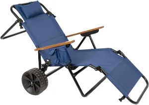 Foldable Beach Lounge Chair with Integrated Wagon, 2-in-1 Beach Cart for Easy Transport, Dark Blue