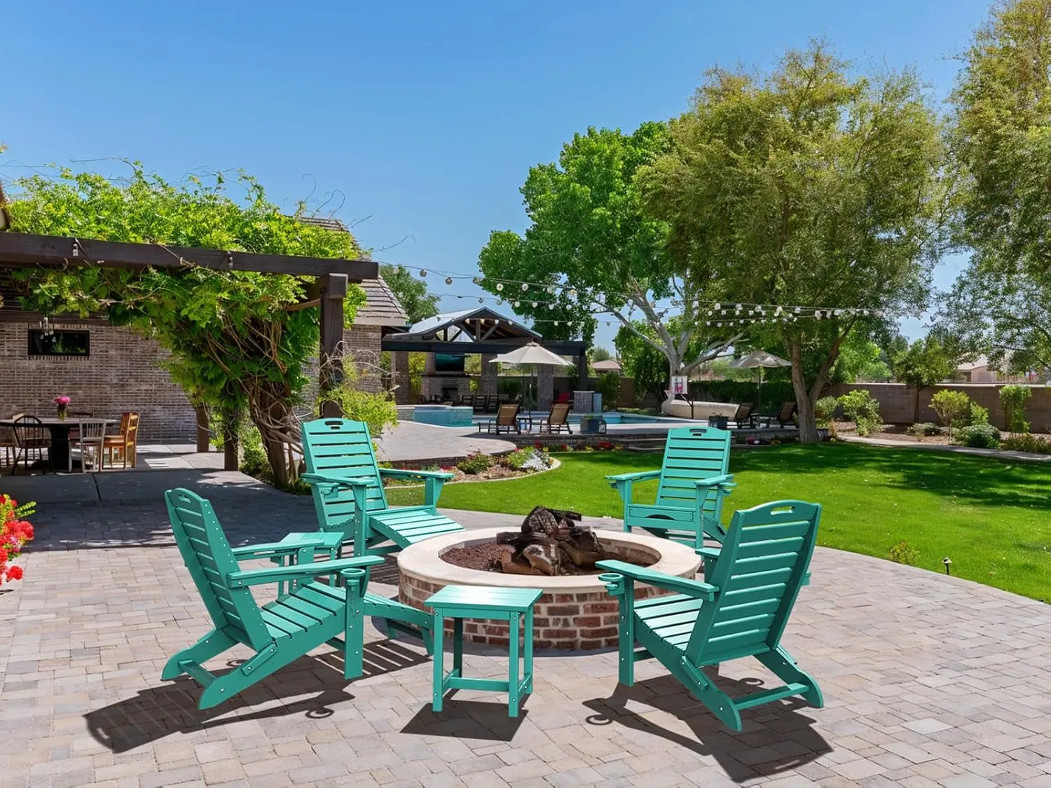 Folding Adirondack Chair with Retractable Ottoman Weather Resistant Fire Pit Chair Patio Chair with 2 Cup Holder Lawn Outdoor Lounge Chair (Lake Blue)